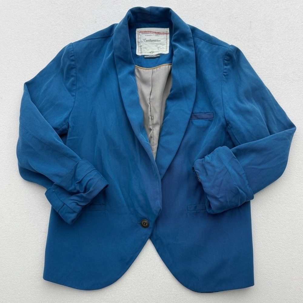 Anthropologie Cartonnier Womens 8 Blue Tencel Ruched Sleeve Shawl Collar Blazer